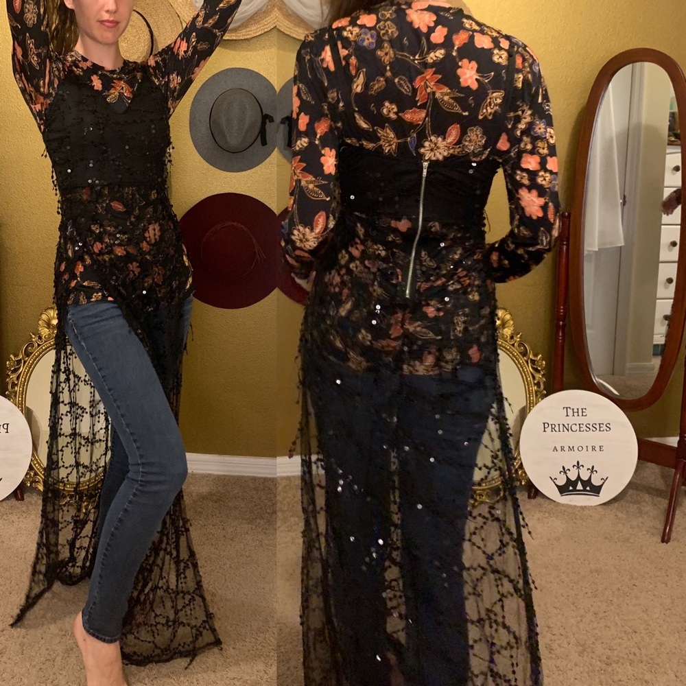GONE - Black Sheer lace overlay Sequin Maxi Dress Top